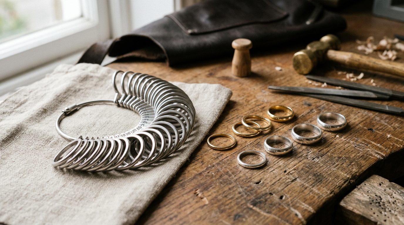 Jeweller's workbench with metal ring sizing gauges and plain bands