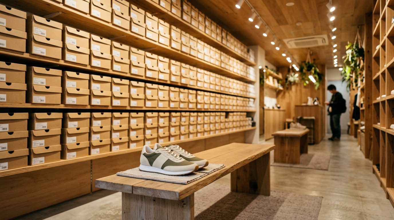 Japanese sneaker shop interior with stacked shoe boxes and a pair of running shoes