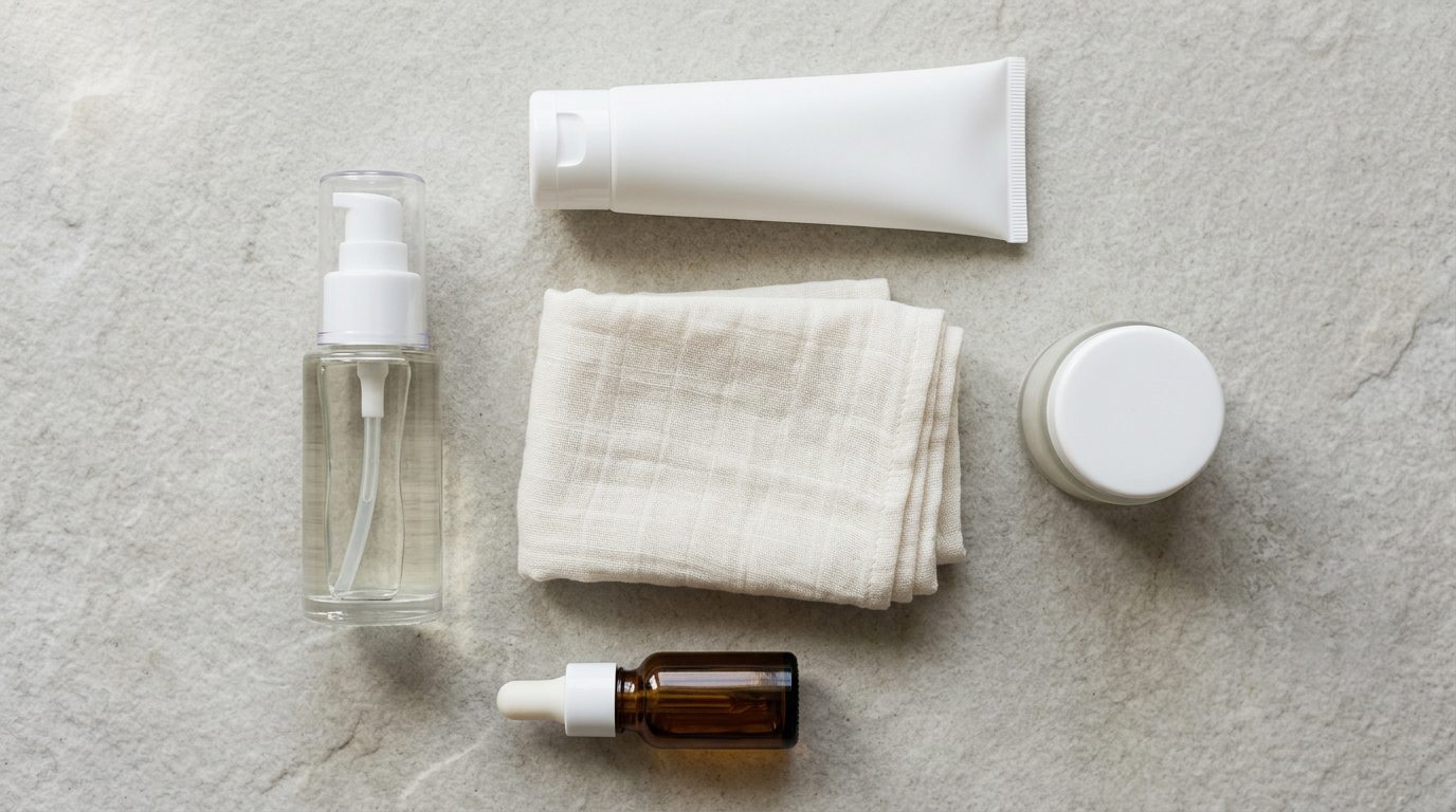 Flat lay of Japanese skincare bottles and tubes on a pale stone surface