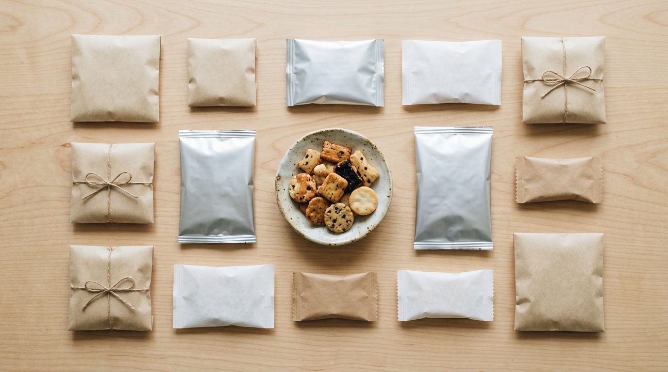 Overhead flat lay of wrapped Japanese snacks and rice crackers on pale wood