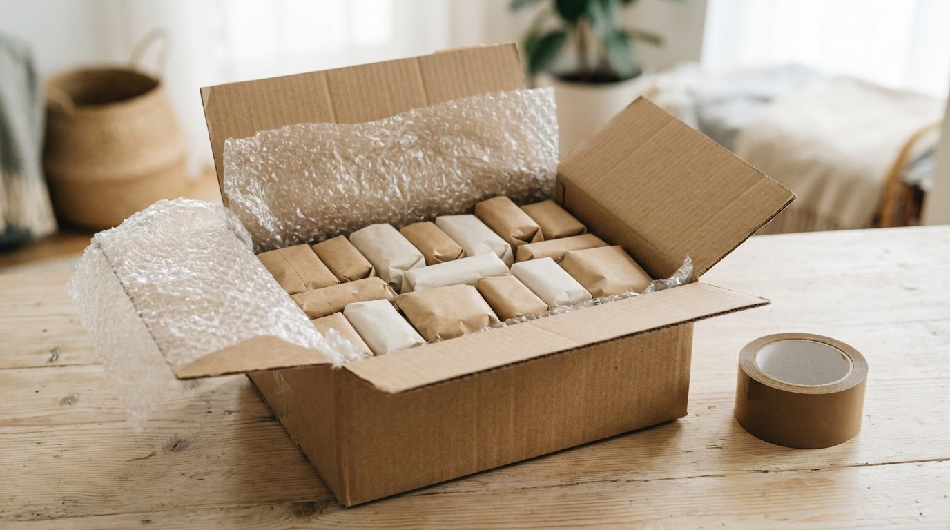 Open cardboard shipping box packed with wrapped snack packets and bubble wrap