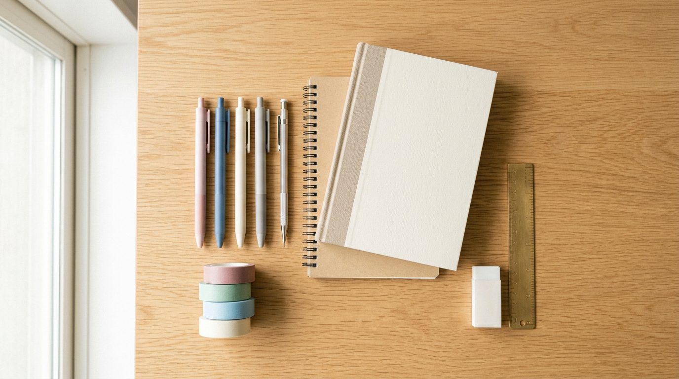 Flat lay of Japanese stationery: gel pens, a mechanical pencil, notebooks, washi tape and an eraser