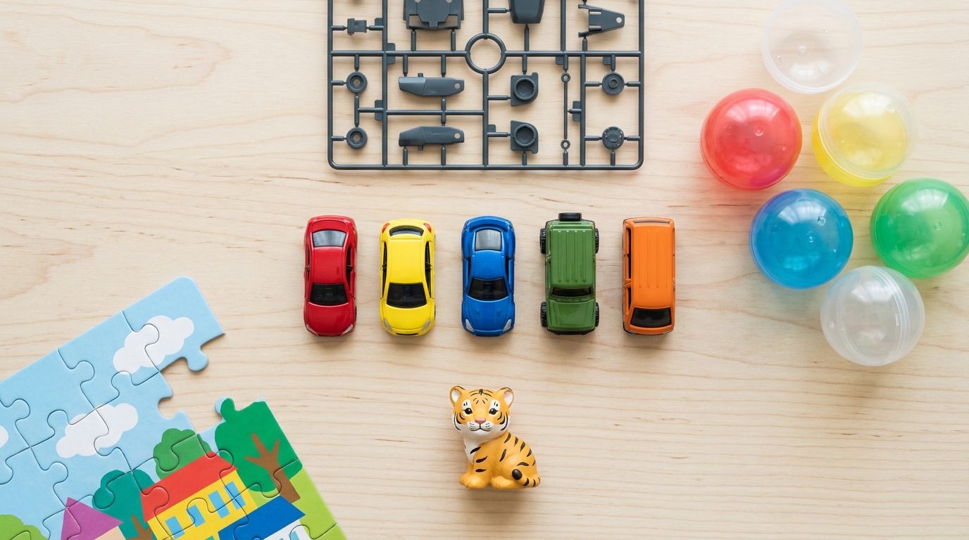Flat lay of Japanese toys including die-cast cars, a model kit sprue and capsule toys