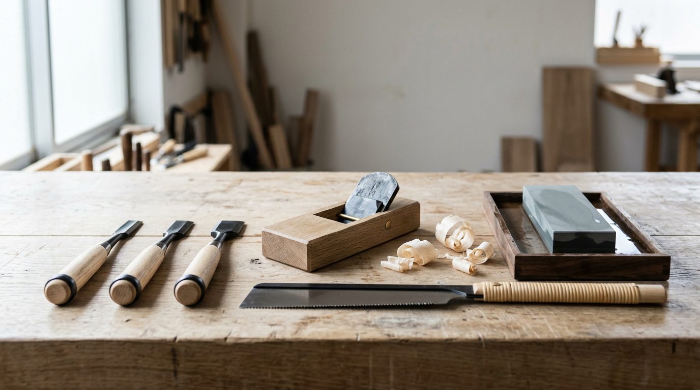 Japanese woodworking hand tools: bench chisels, a block plane, a dozuki saw and a whetstone