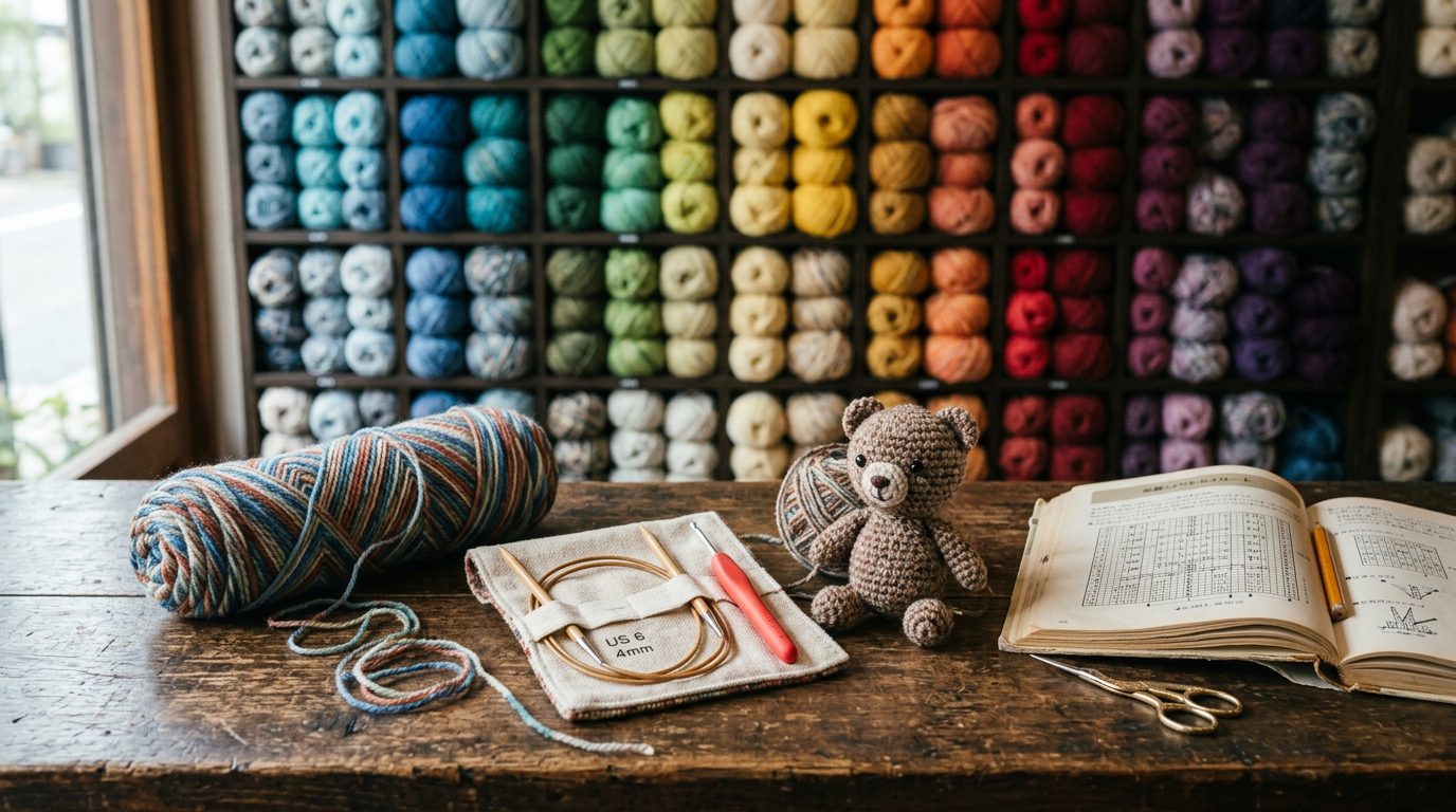 A wall of Japanese yarn balls, a self-striping multicolour ball, bamboo circular needles and a crochet hook set, an amigurumi bear and a charted pattern book in a Kyoto yarn shop