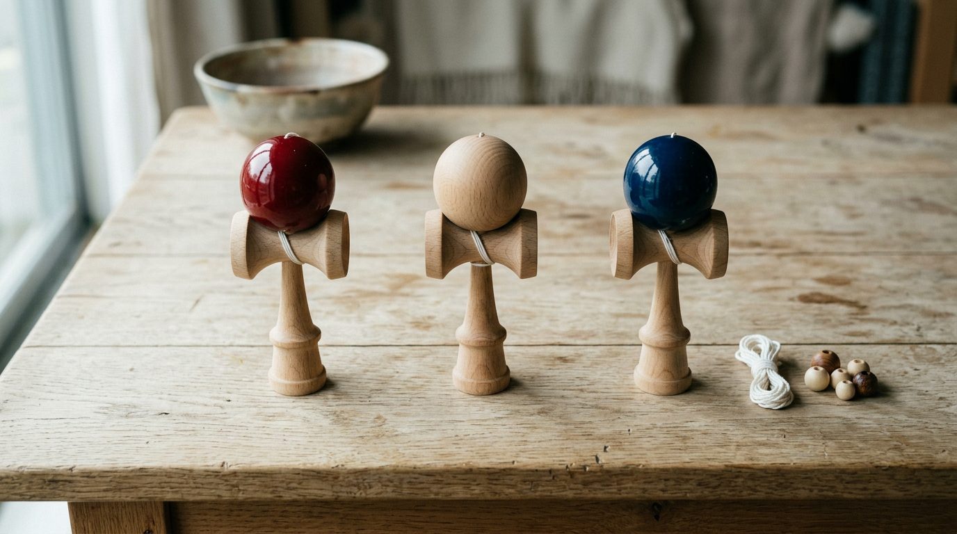 Three wooden Japanese kendama skill toys on a pale table with spare string and beads