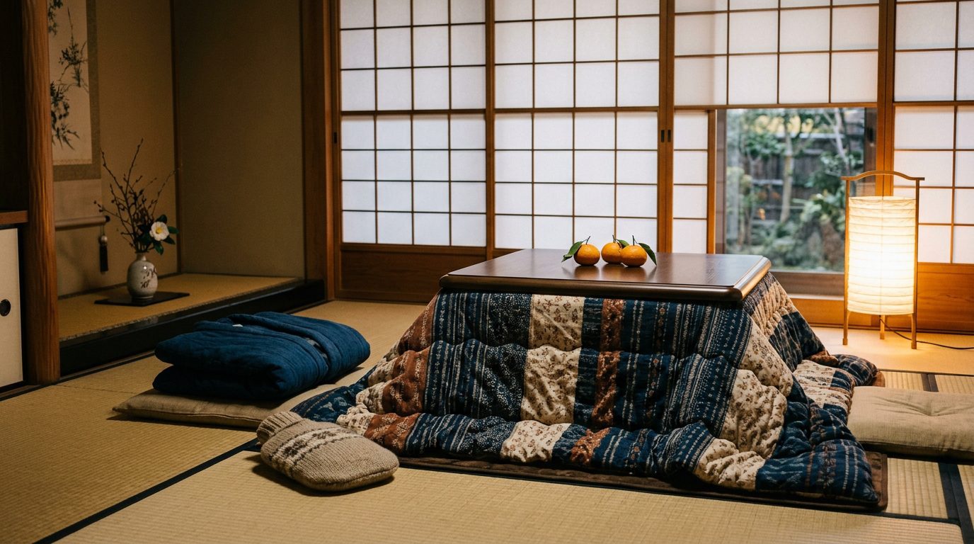 Low Japanese table draped with a quilted kotatsu blanket in a tatami room at dusk