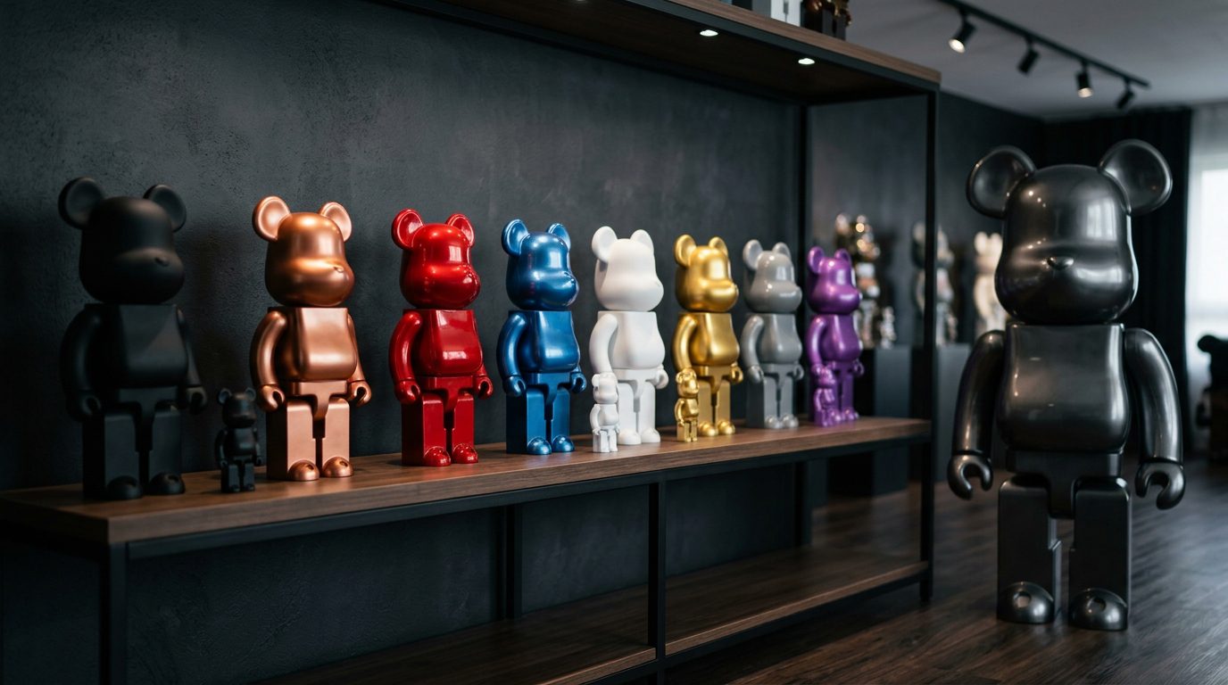 Collector display shelf of block-shaped bear figures in several sizes