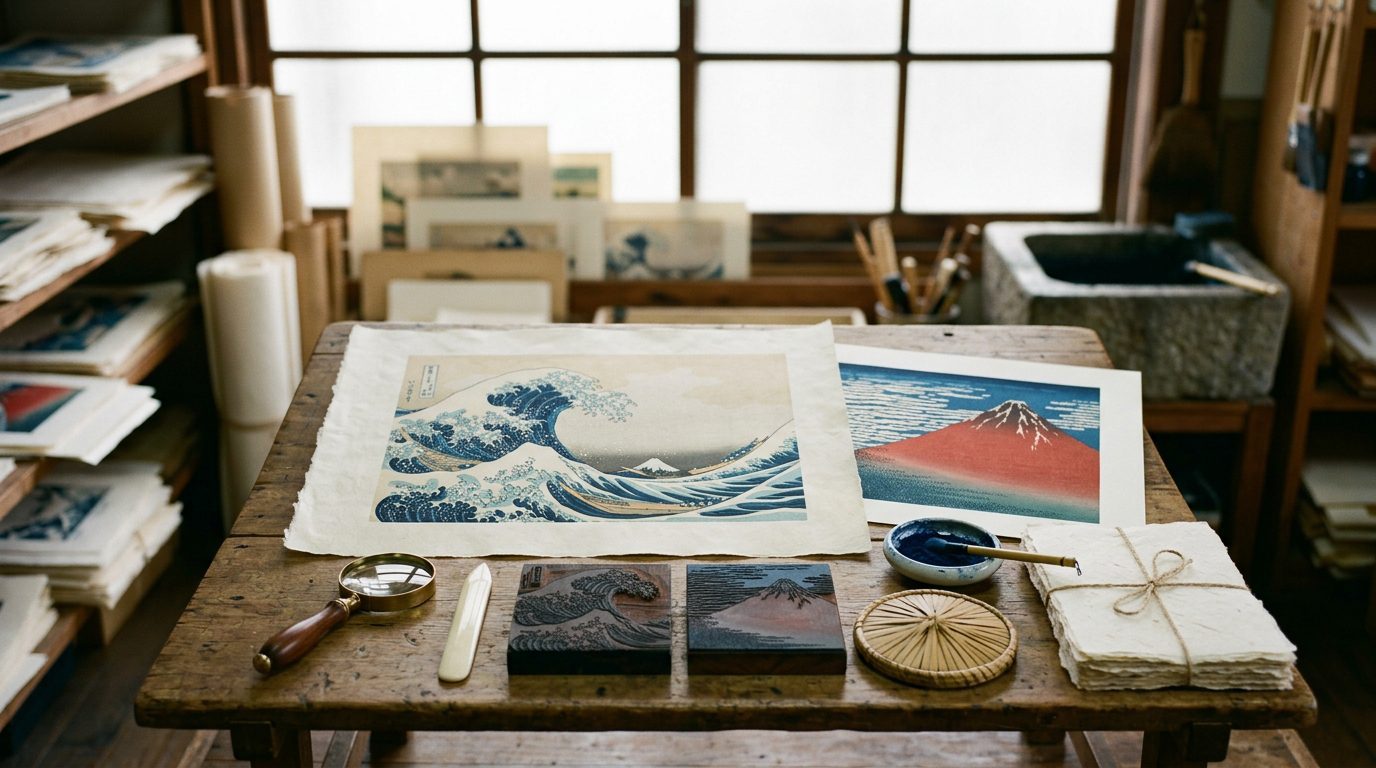 A woodblock print of a great wave and a red Fuji on washi paper with carved cherry blocks, a baren and indigo pigment on a print dealer's table in Tokyo