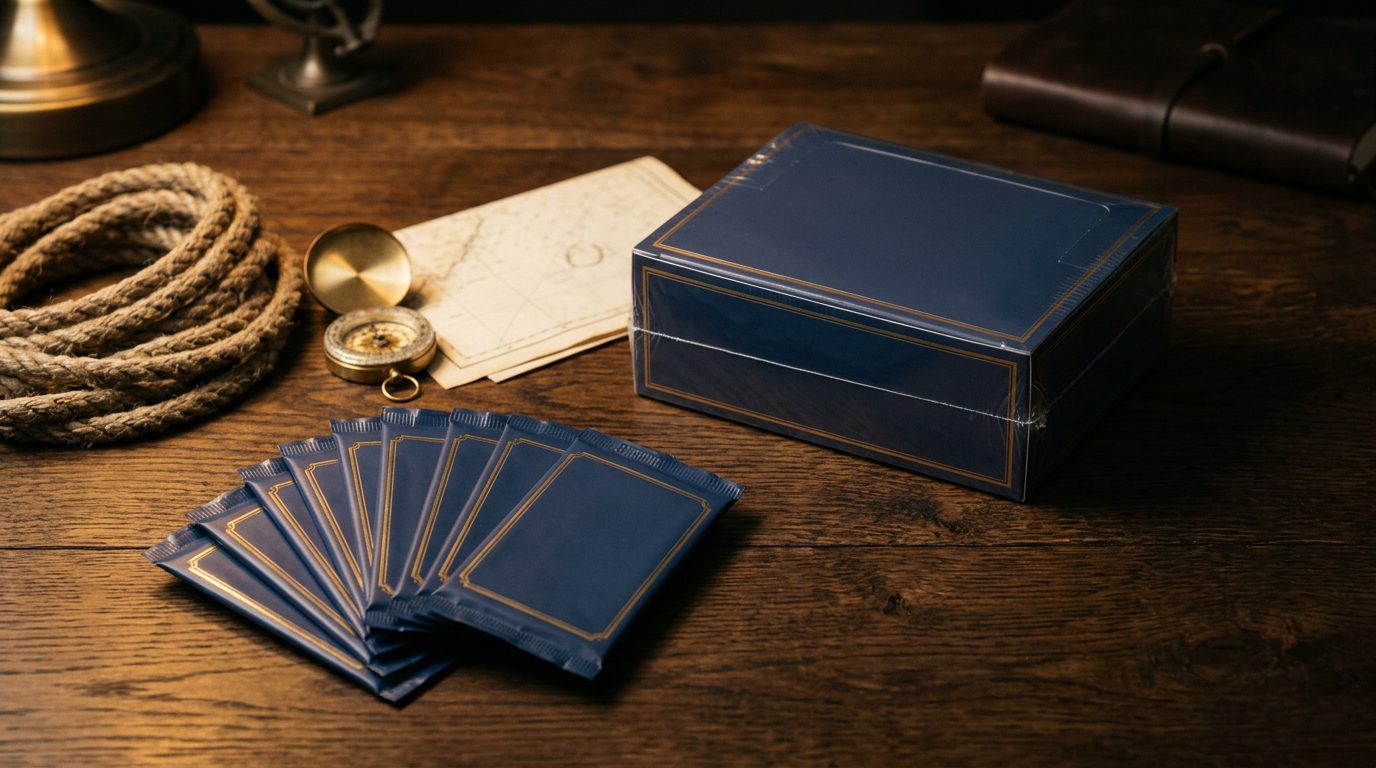 Sealed trading card booster packs and a shrink-wrapped display box on a dark wooden table
