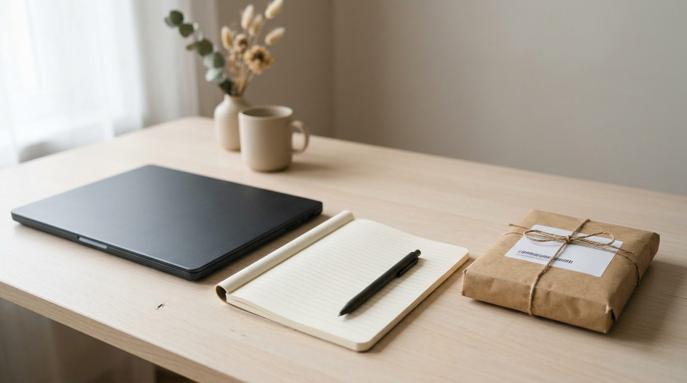 Closed laptop beside a blank ruled notepad, pen and a plain kraft parcel