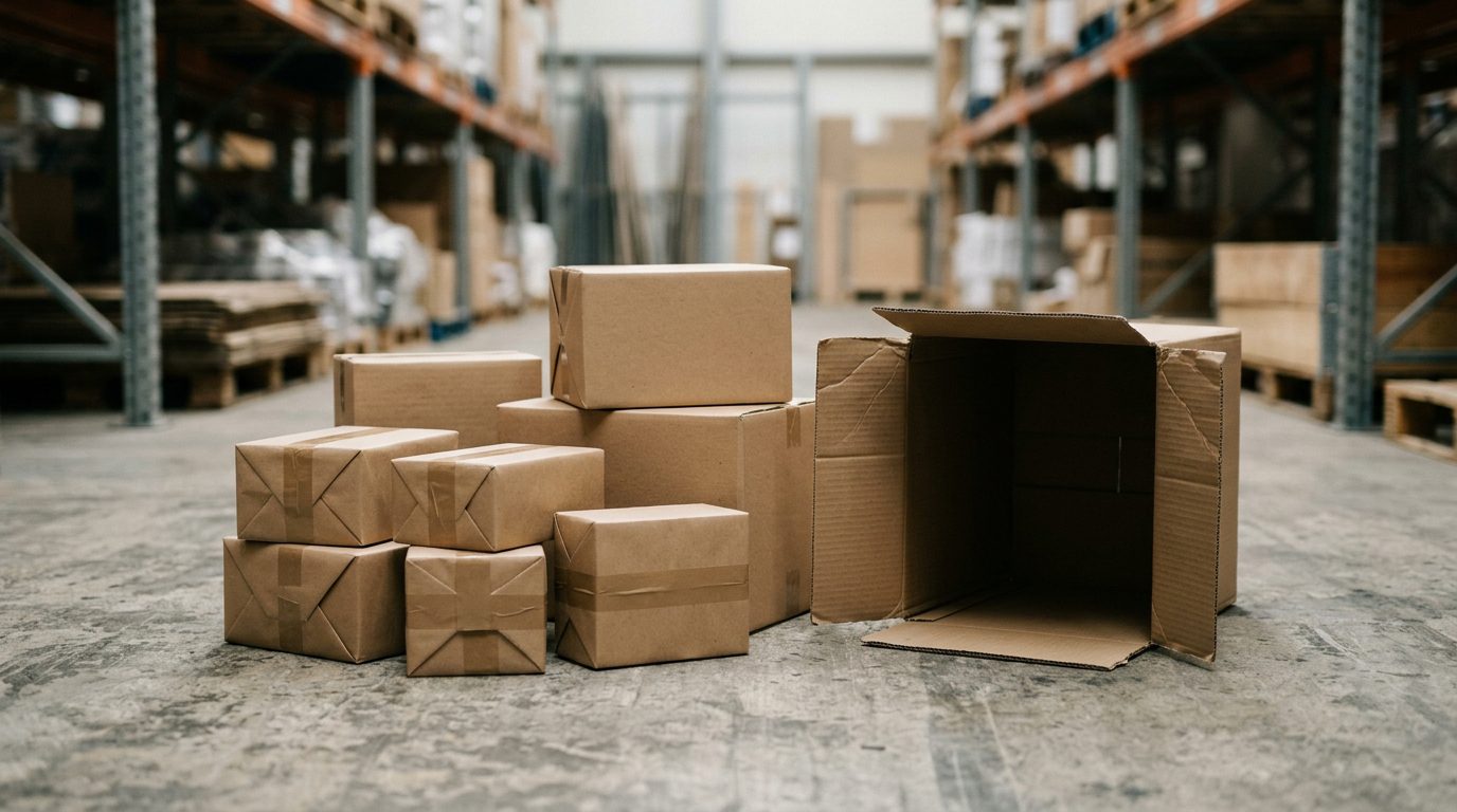 Plain kraft parcels of different sizes beside one larger open shipping carton