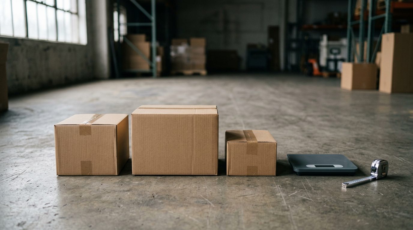 Three cardboard parcels of different sizes beside a scale and tape measure