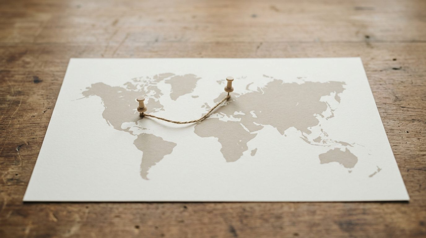 Plain paper world map on a desk with string and two pins marking a route