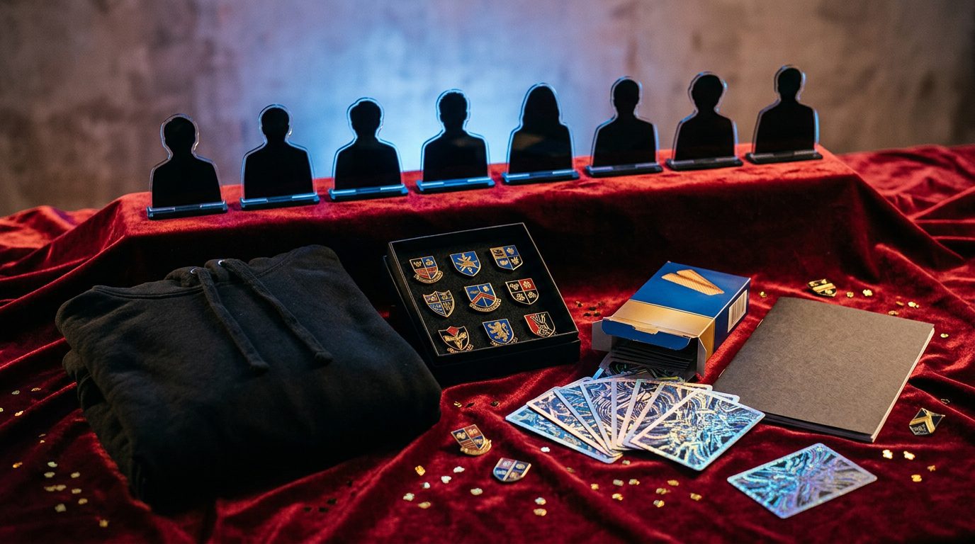 Eight silhouette acrylic stands, a black hoodie, a boxed pin set and metallic foil cards on red velvet with blue light