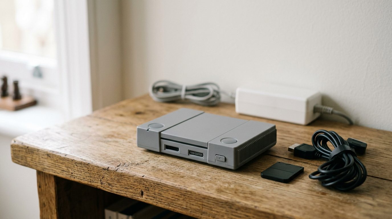 Grey compact games console with memory card, controller cable and power brick