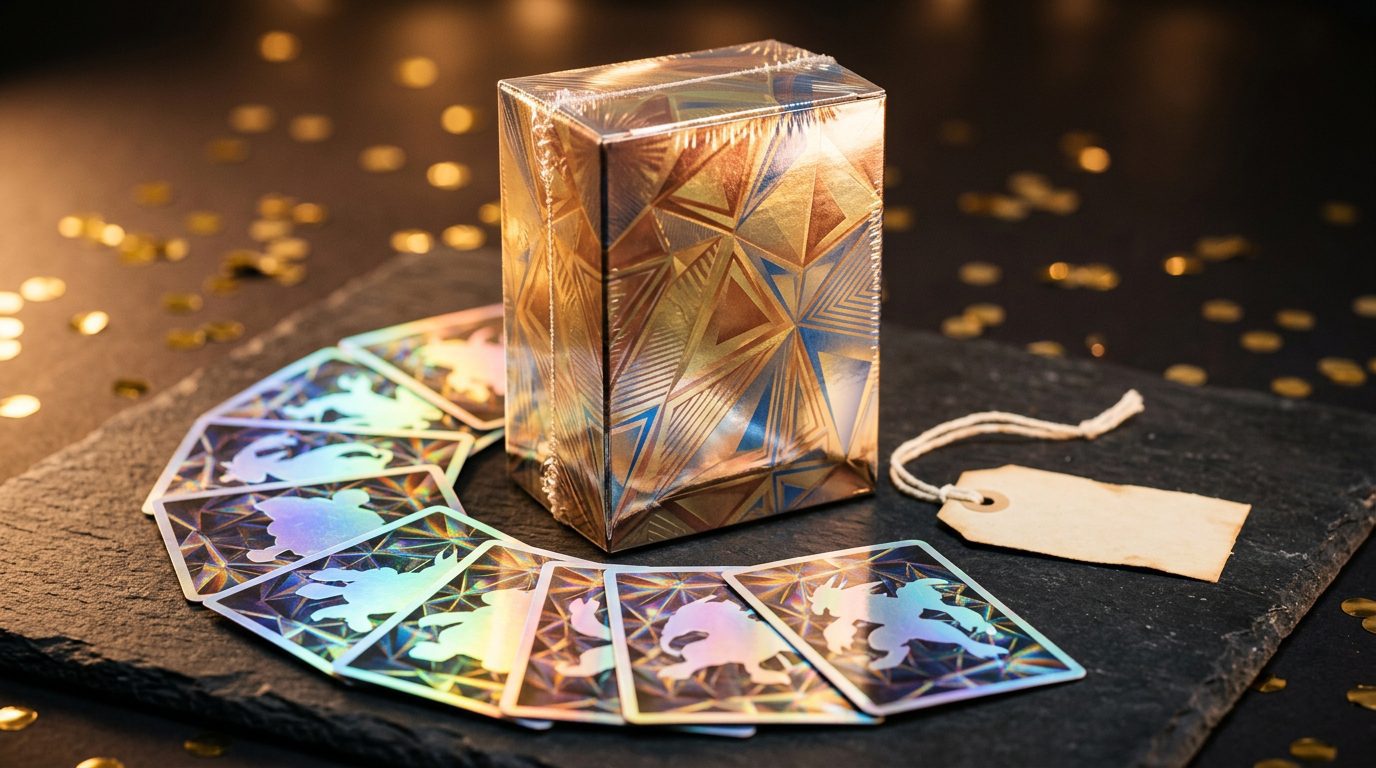 Sealed trading card booster box in shrink film with foil cards fanned around it and gold confetti