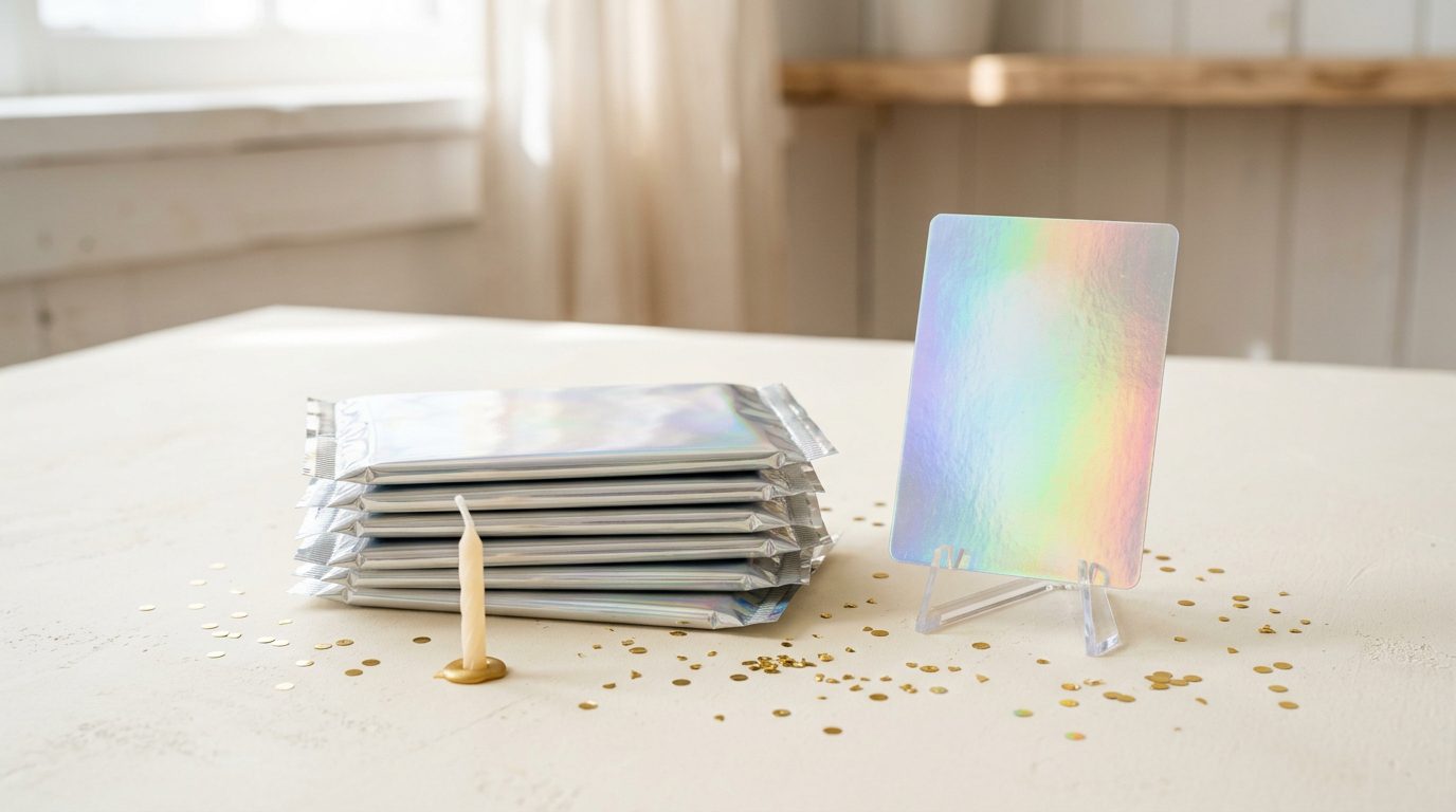 Stack of holographic foil trading card packs with gold confetti on a pale table