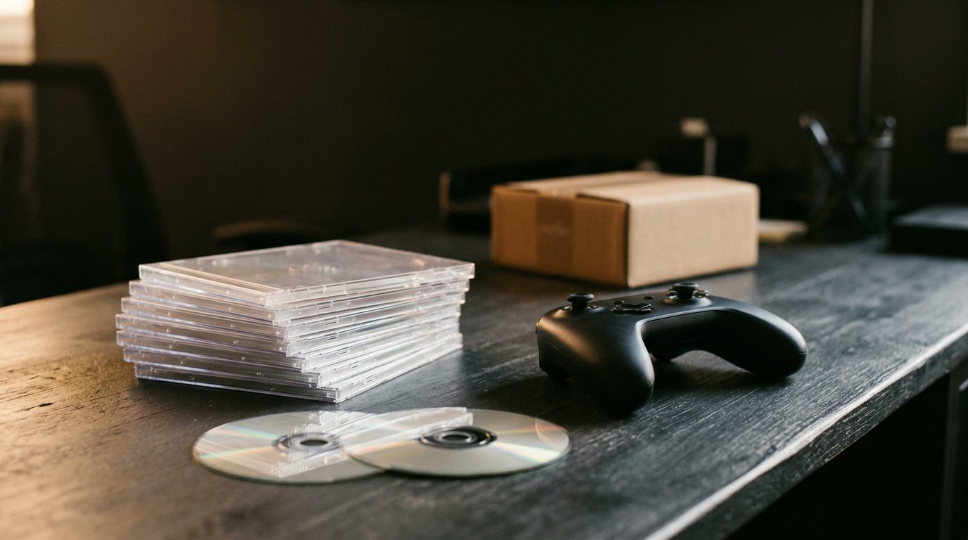 Stack of plain disc cases with two bare discs, a black controller and a shipping box on a dark desk