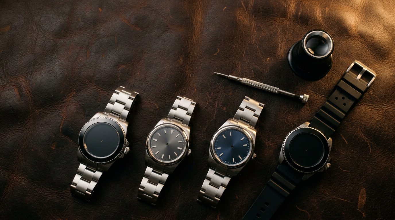 Four mechanical wristwatches with plain dials arranged on dark brown leather