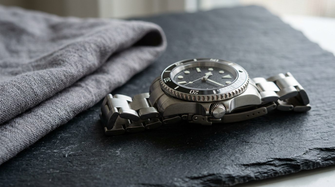 Stainless steel dive-style wristwatch with black dial resting on dark slate