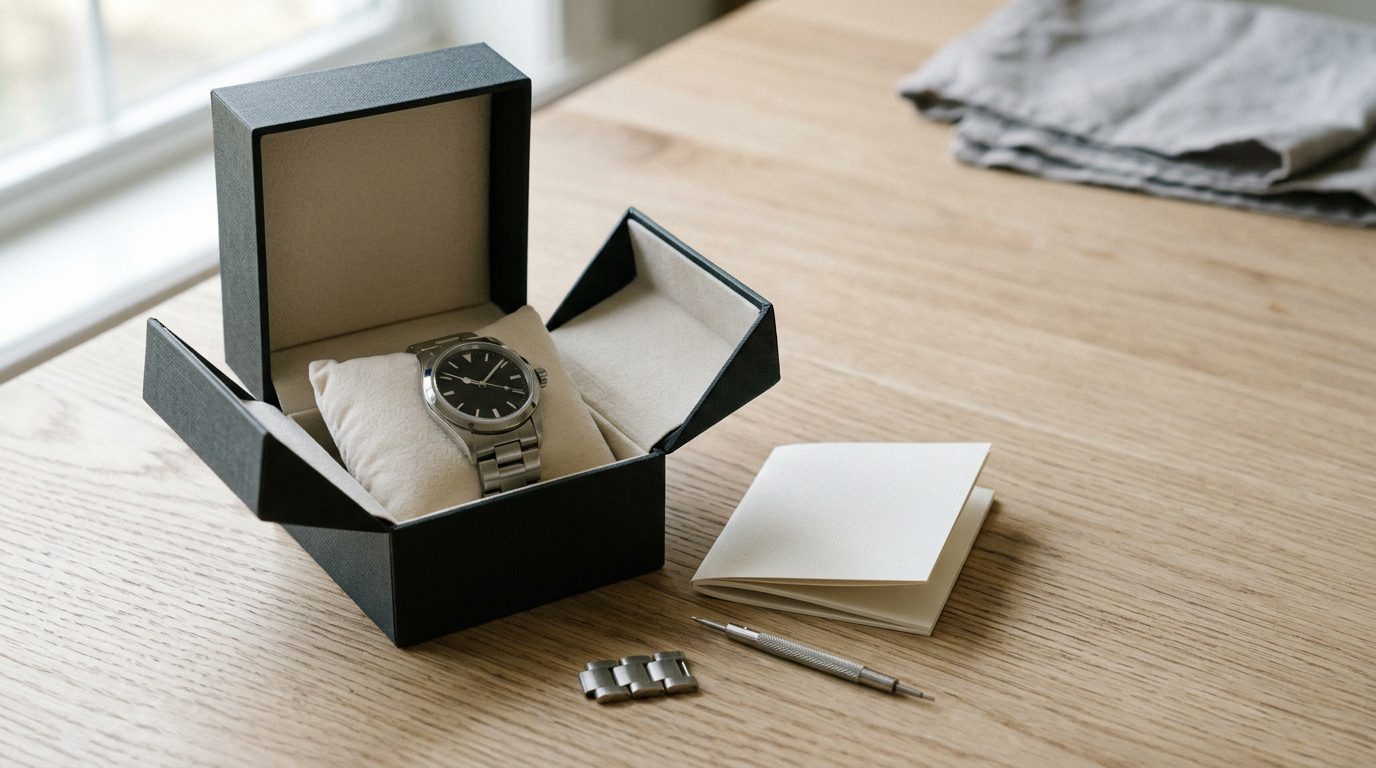Open watch box with blank booklet, spring bar tool and spare bracelet links