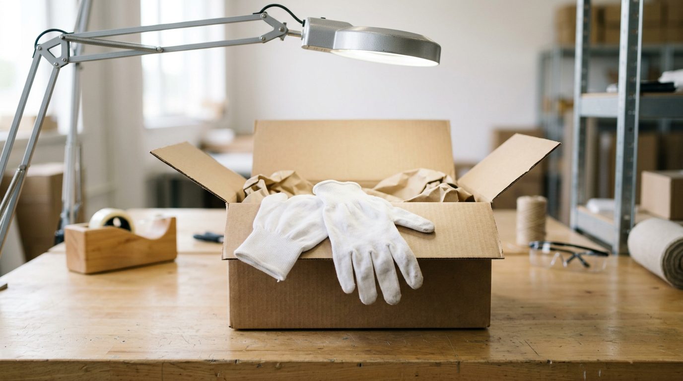 White cotton gloves on an open cardboard box under a warehouse inspection lamp