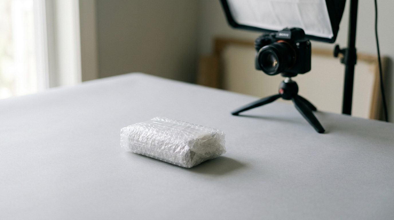Bubble-wrapped item on a grey photo backdrop with a soft light and tripod behind