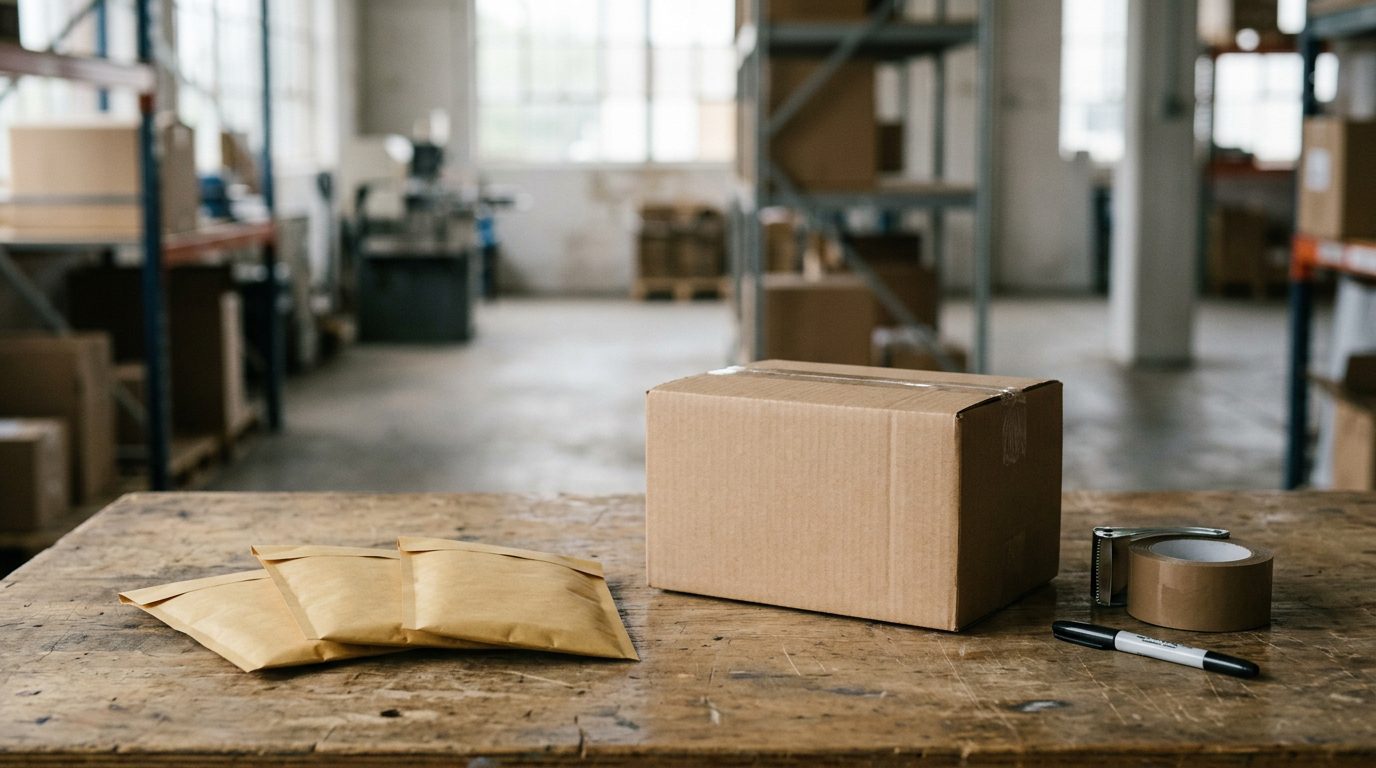 Three small kraft padded envelopes beside one medium cardboard box on a table