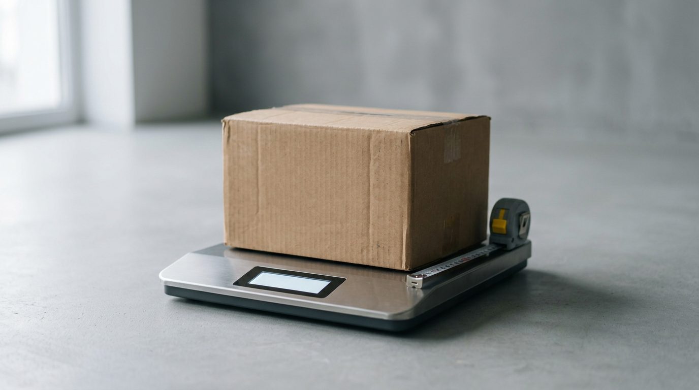 Cardboard box on a parcel scale beside a steel tape measure along its edge