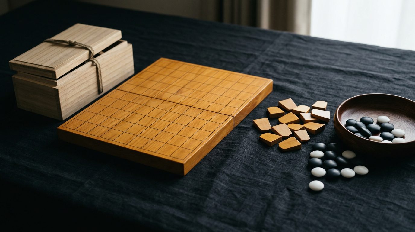 Folding shogi board with wooden pieces, a bowl of go stones and a paulownia storage box
