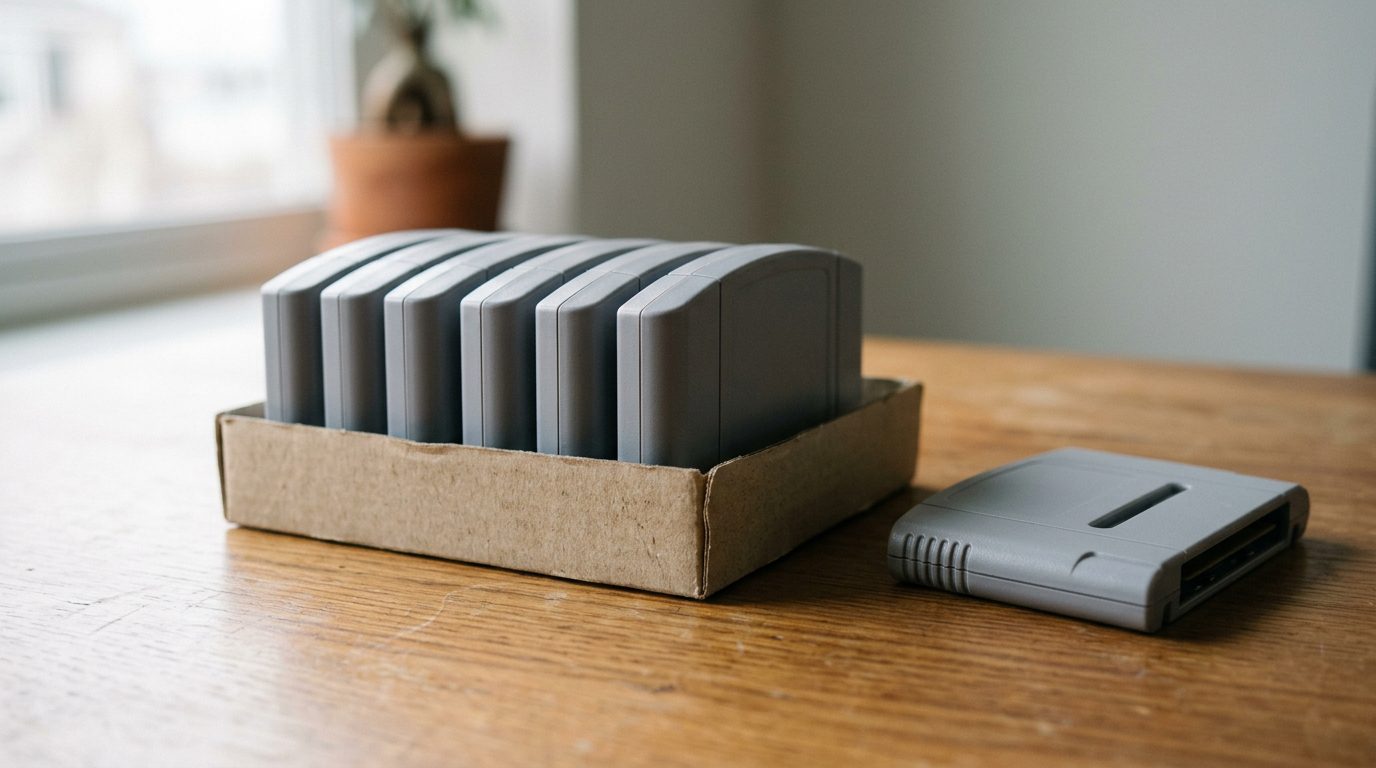 Row of grey Japanese Super Famicom style cartridges standing in a card tray