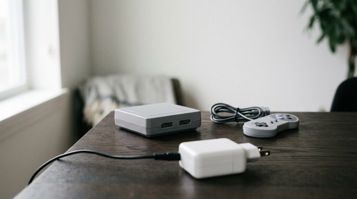 Grey retro game console with controller and a bulky two-prong power adapter
