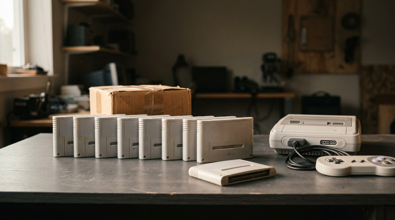 Row of plain grey retro game cartridges with a boxy console body and controller on a dark desk