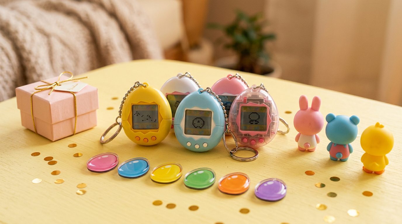 Egg-shaped virtual pet toys in yellow, blue and pink with small magnets and capsule figurines on a pastel table