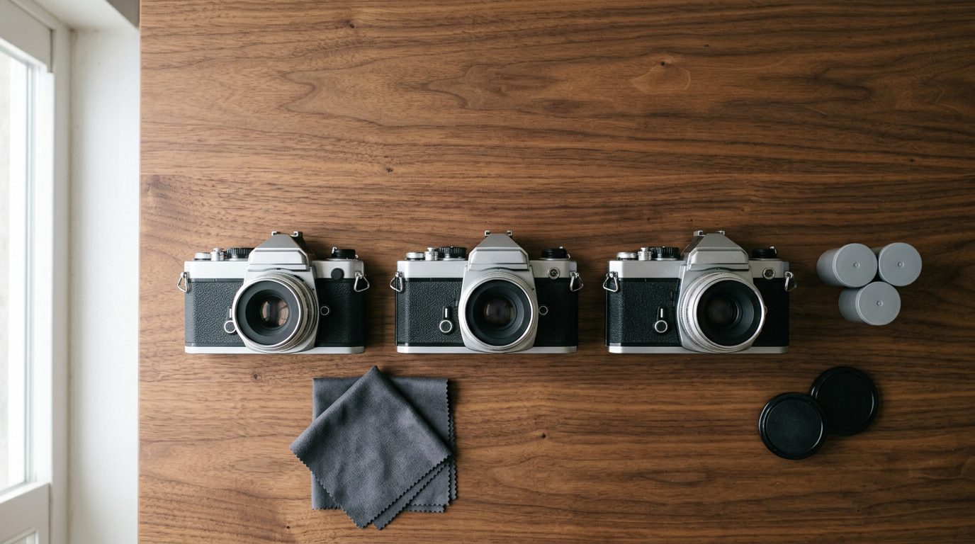 Flat lay of vintage 35mm film SLR bodies and prime lenses on a walnut table