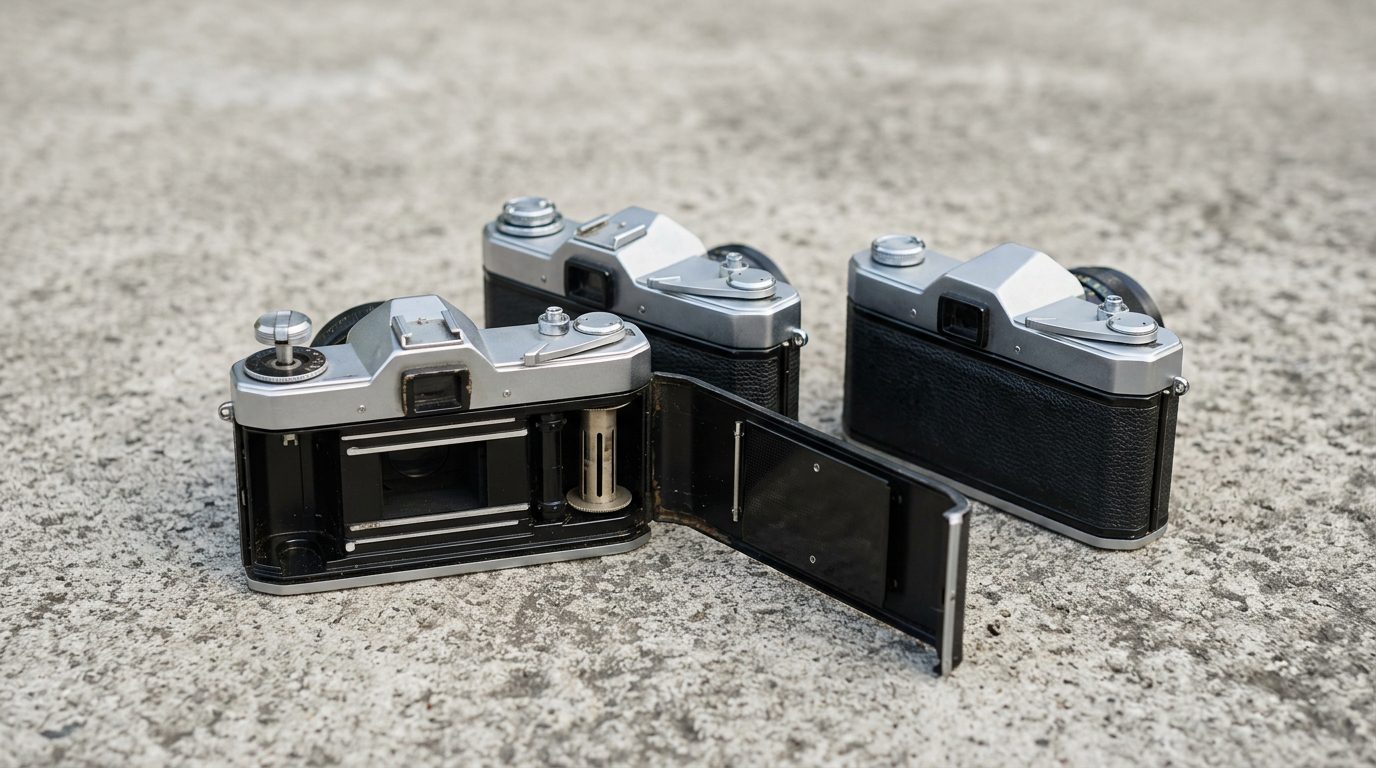 Three vintage 35mm film cameras on grey concrete, one with its back open