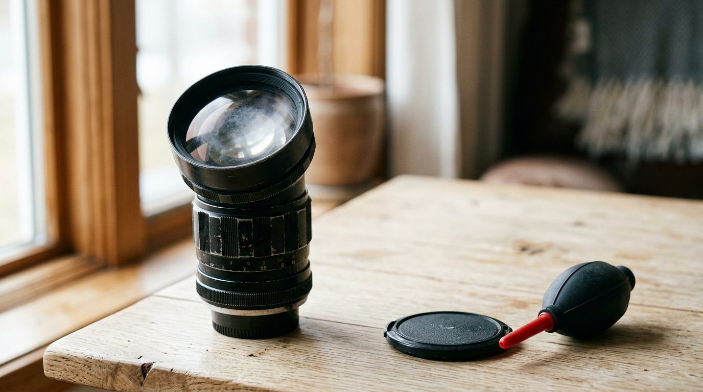 Vintage prime lens standing on a wood table beside a lens cap and blower brush