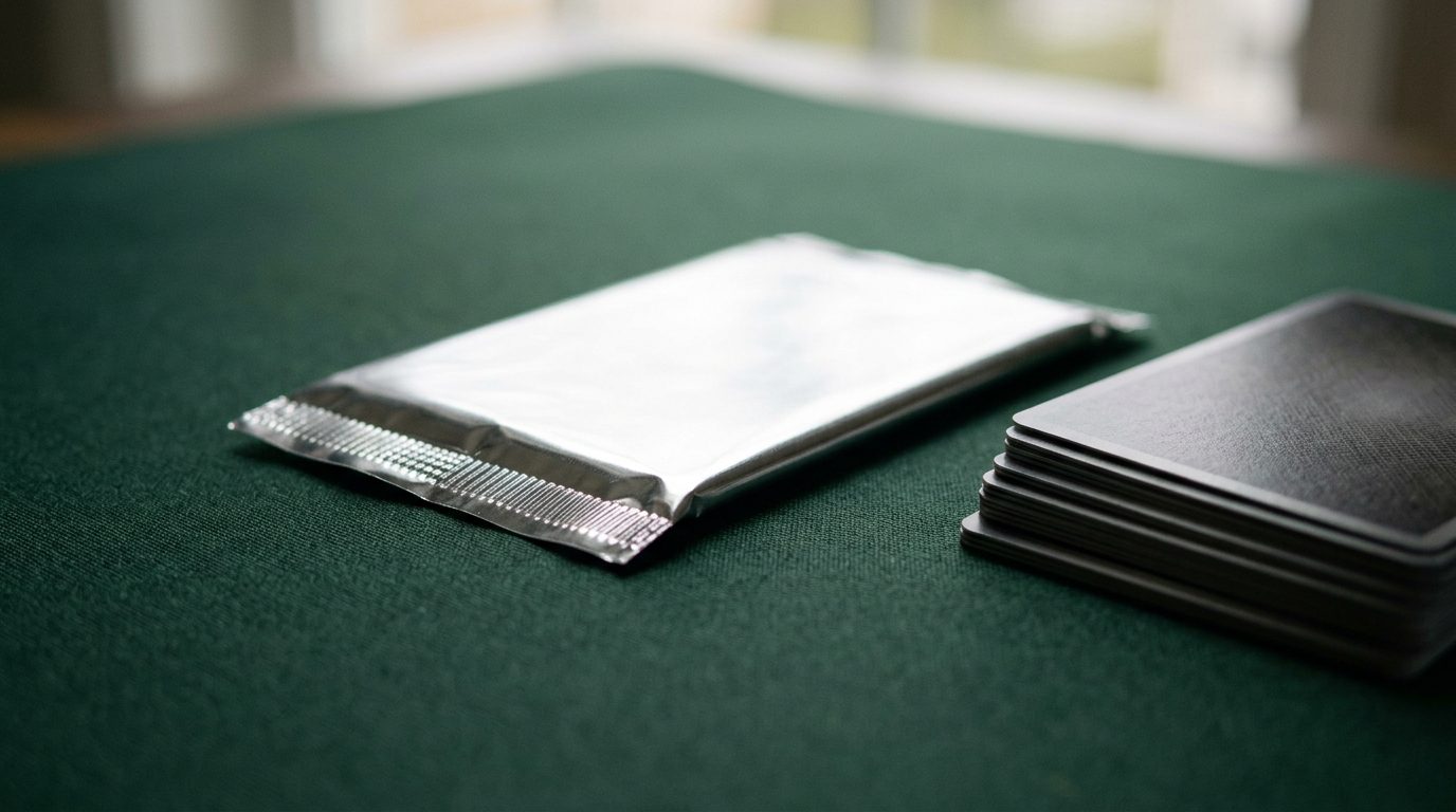 Sealed foil trading card pack on a dark green playmat beside face-down cards
