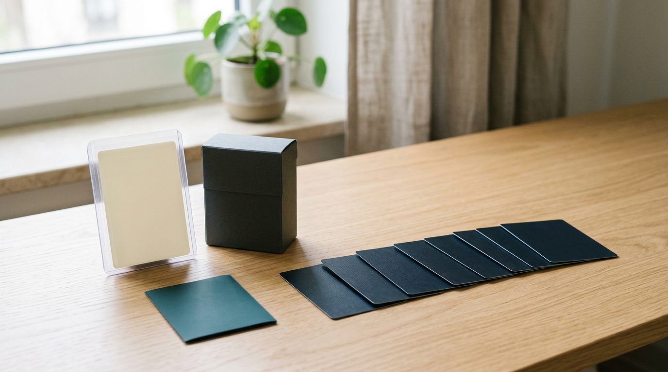 Card sleeve, deck box and top-loader arranged beside face-down trading cards