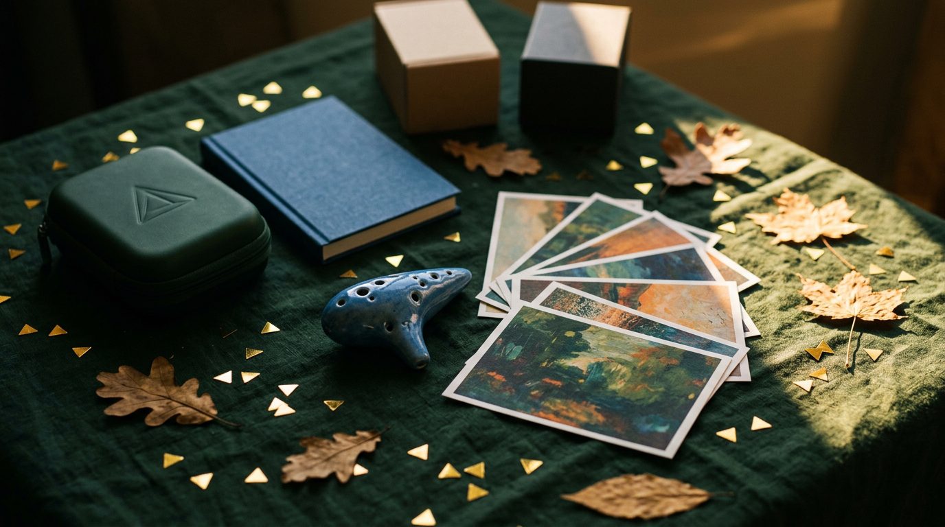 A blue ceramic ocarina, fanned art cards, a green carrying pouch, a slim book and two figure boxes on green cloth with golden light