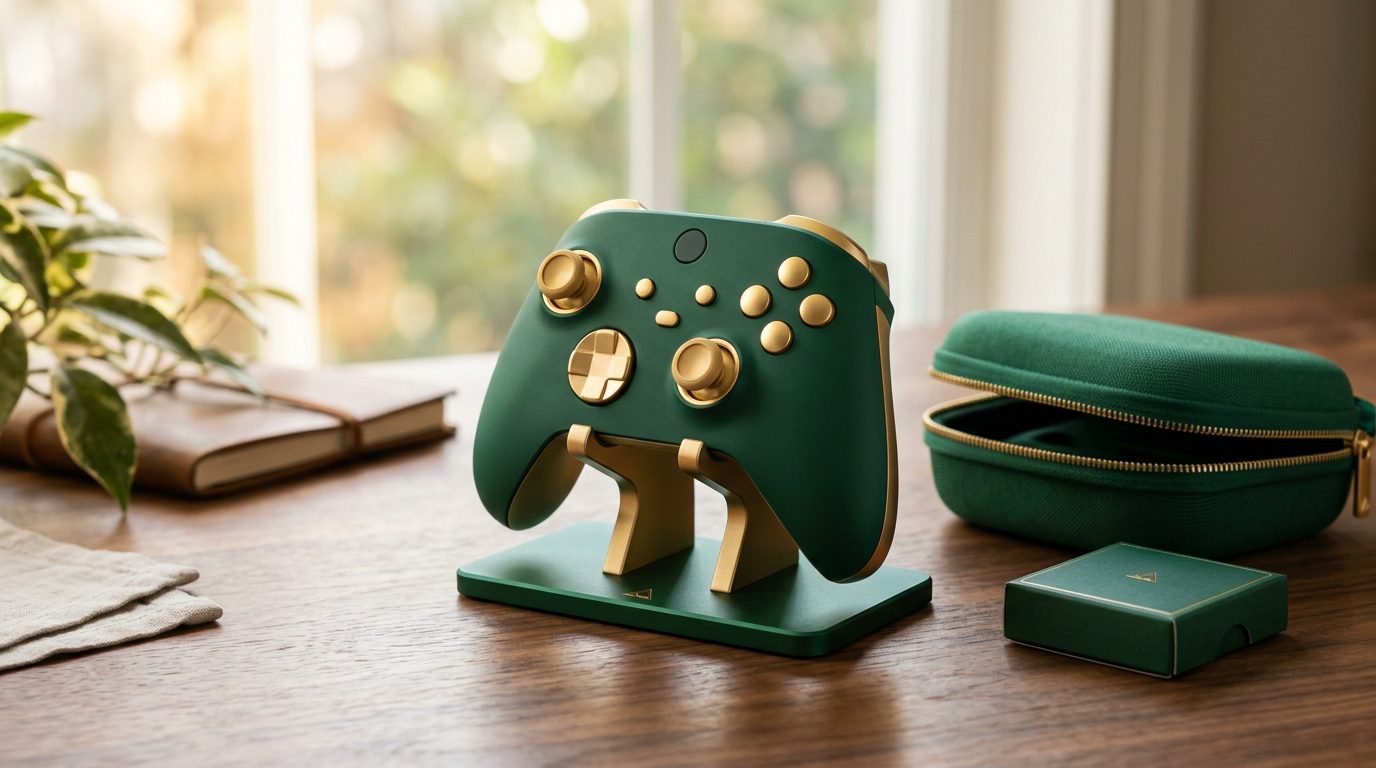 Green and gold wireless game controller on a display stand beside a carrying case and a game card box