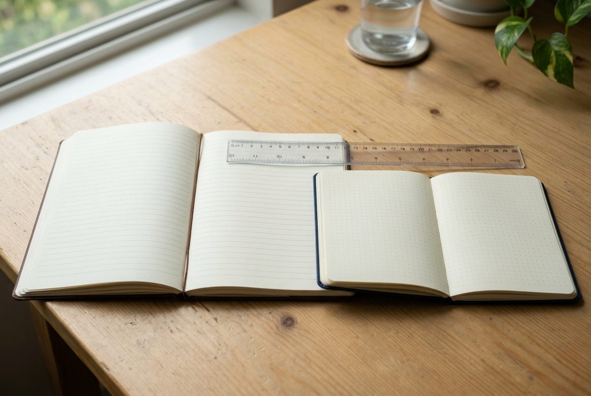 Larger lined notebook and smaller dot-grid notebook side by side on a desk with a clear ruler