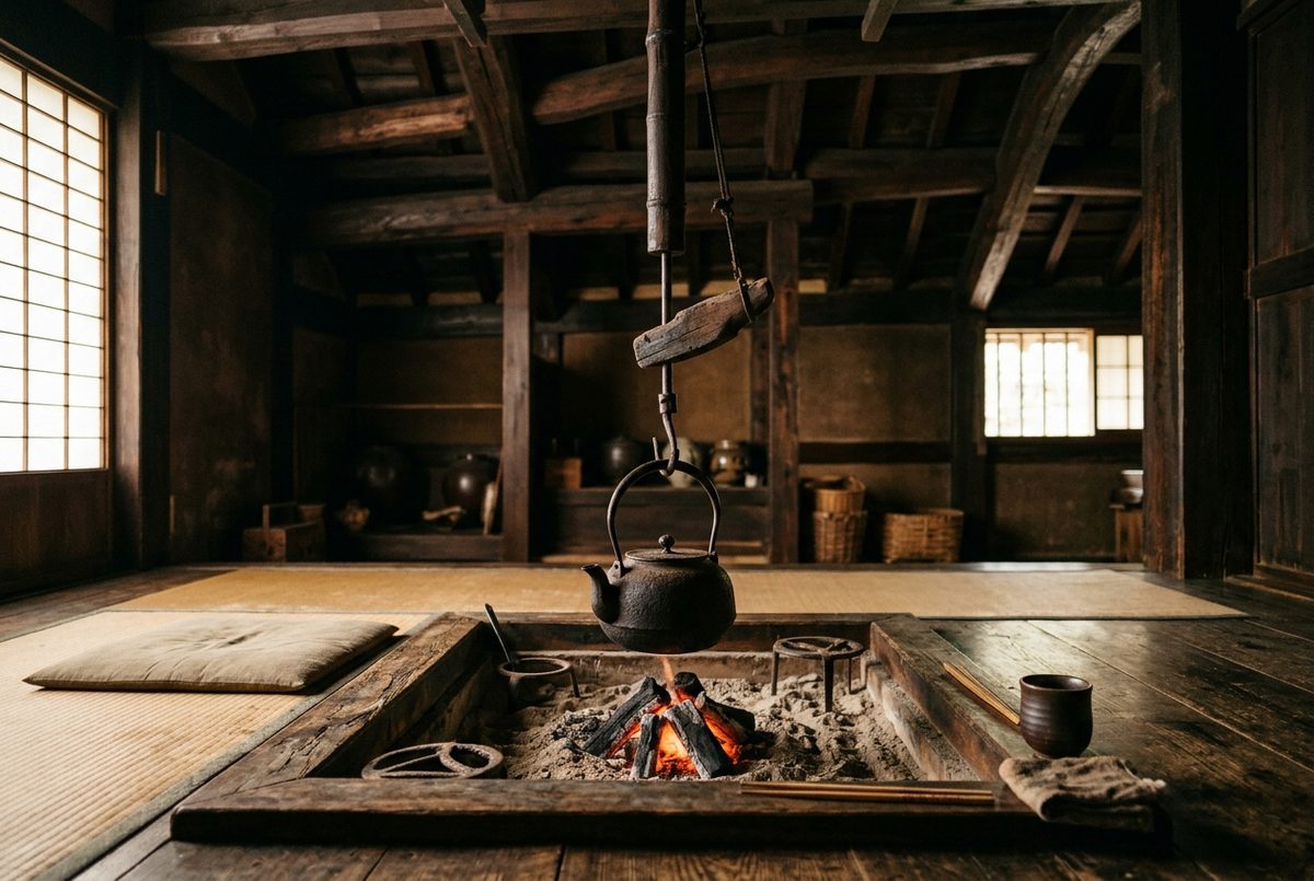 Old iron tetsubin kettle hanging over a charcoal irori hearth in a Japanese farmhouse