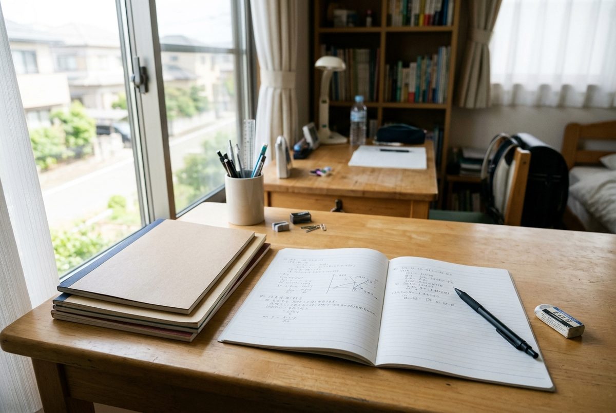 Stack of B5 notebooks with one open lined notebook and a mechanical pencil on a study desk