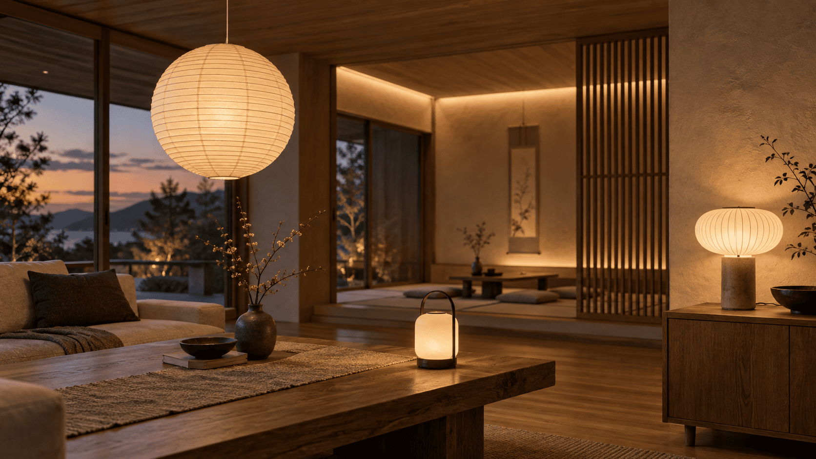 Japanese paper pendant, table and portable lamps glowing in a contemporary Japanese room