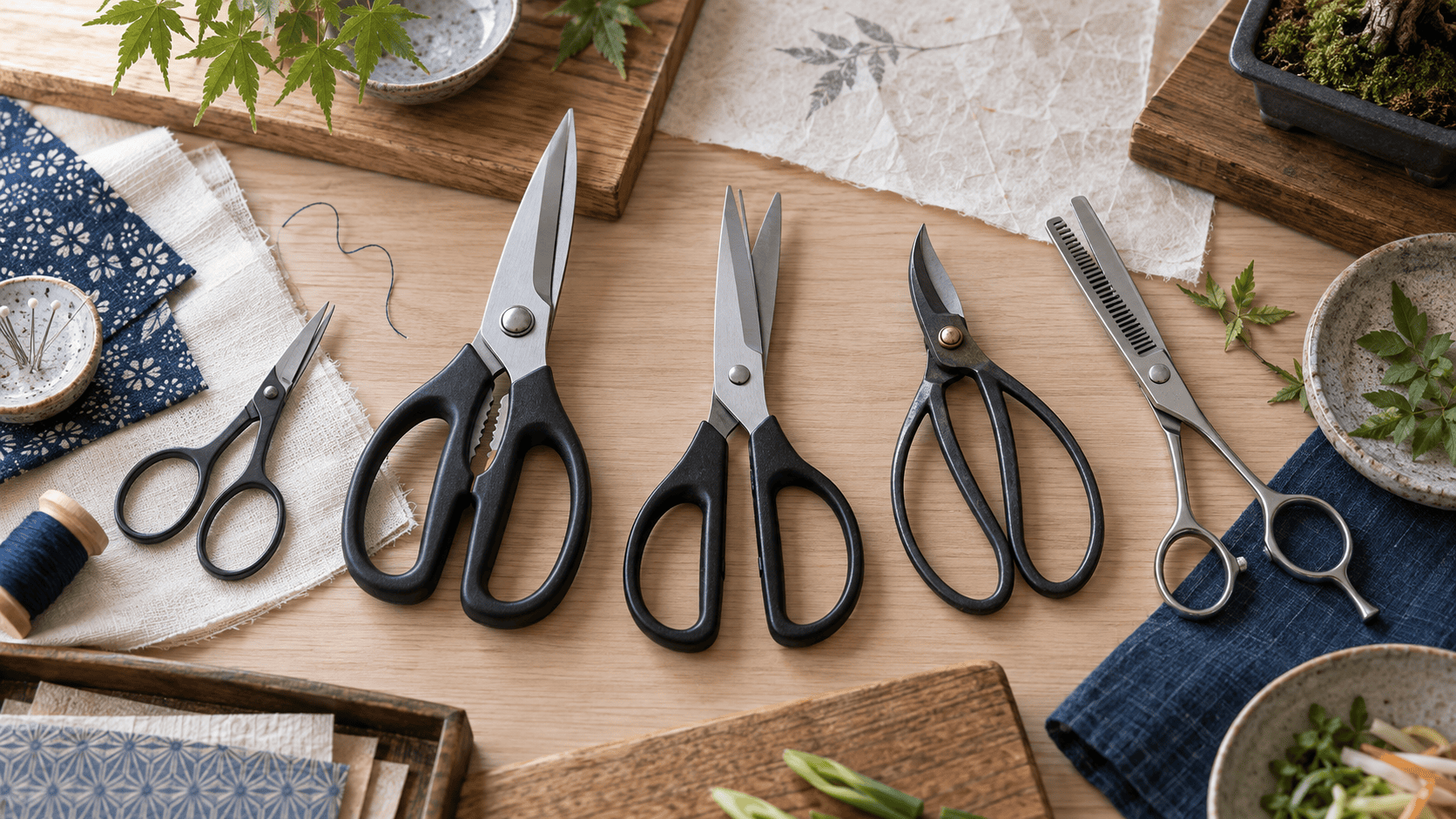 Japanese sewing, kitchen, office, garden and hair scissors arranged on a craft workbench