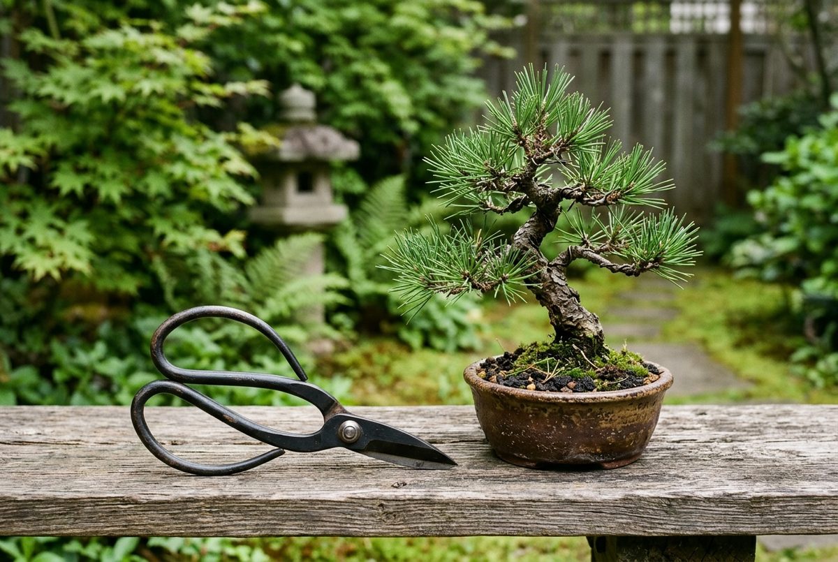 Black steel bonsai pruning shears with looped handles beside a small pine bonsai on a bench