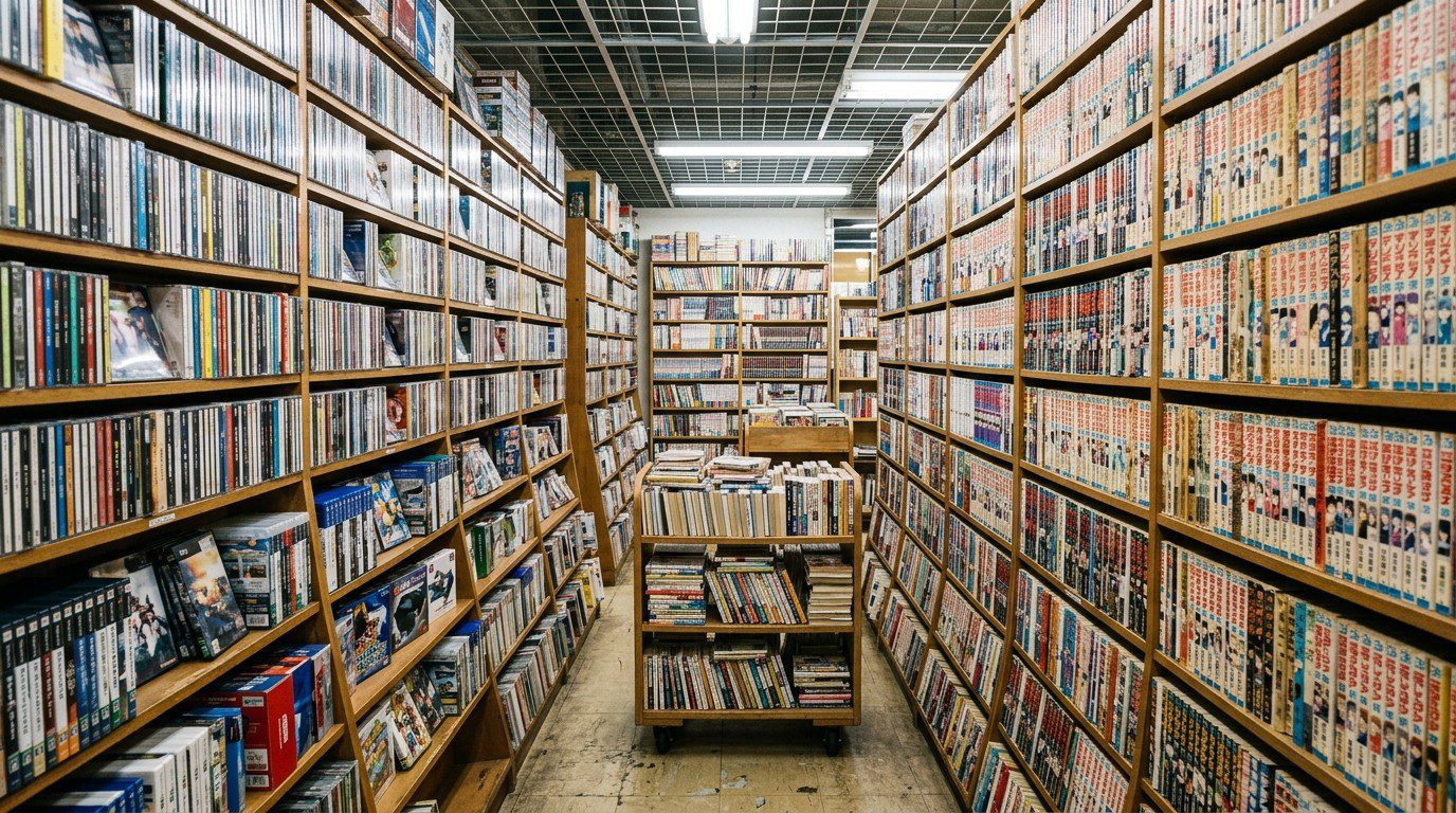 Book Off Japan guide cover: shelves of used manga, CDs, DVDs and boxed video games in a Japanese resale store