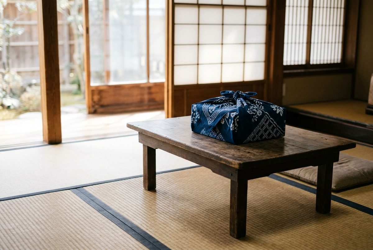 Square gift box wrapped in an indigo patterned furoshiki cloth with a top knot on a wooden table in a tatami room